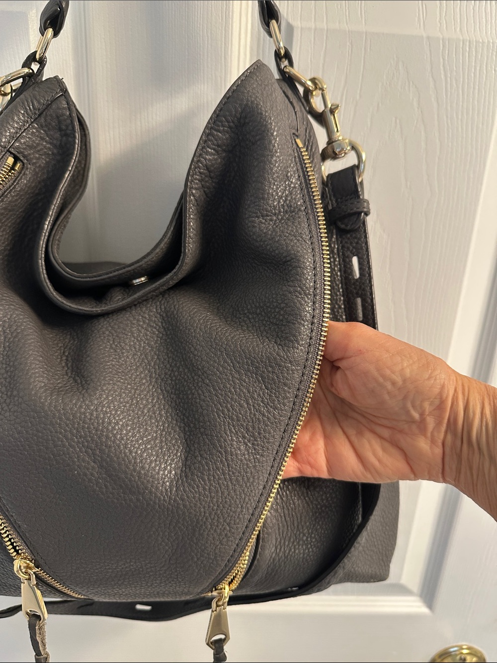 Rebecca Minkoff Moto Hobo Leather Shoulder Bag Dark Gray Gold Hardware - Picture 5 of 16